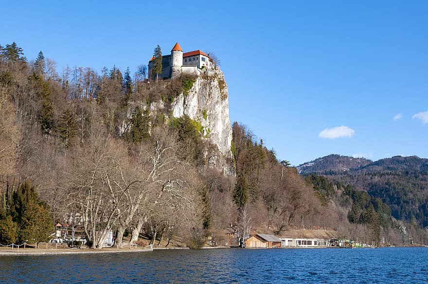 slovenia, borg, øy, blødde, innsjø, fjell, høyde, landskap, arkitektur, vann, landlige scene
