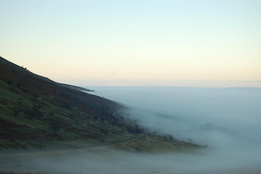 Mountain, Fog, Mist, Dragons Breath, Brecon Beacons, landscape, sunset, blue, forest, summer, rural scene