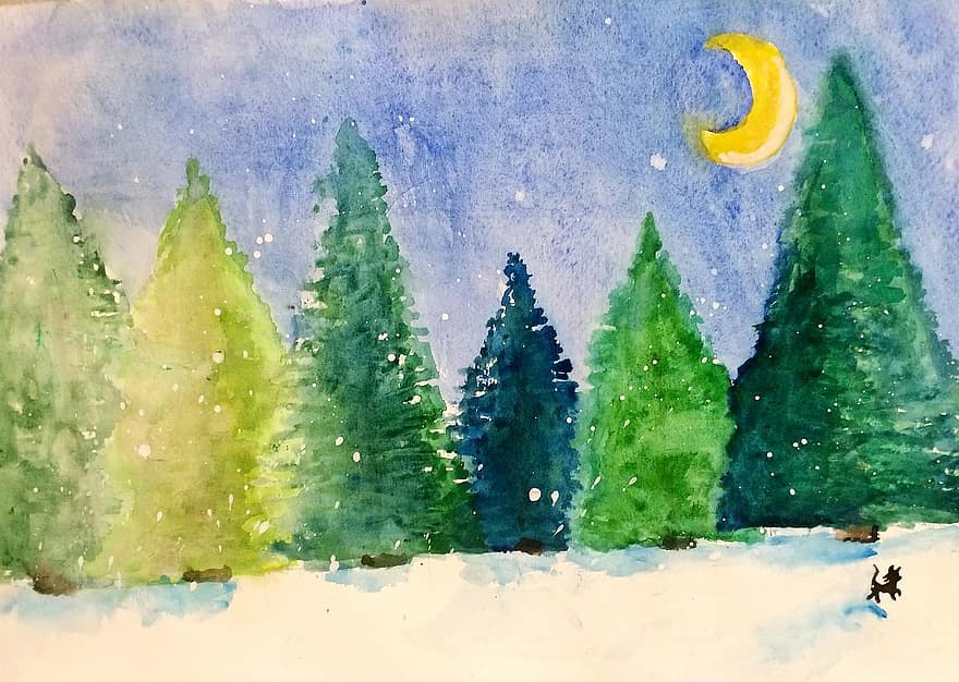 kissa, joulu, mänty, talvi-, metsä