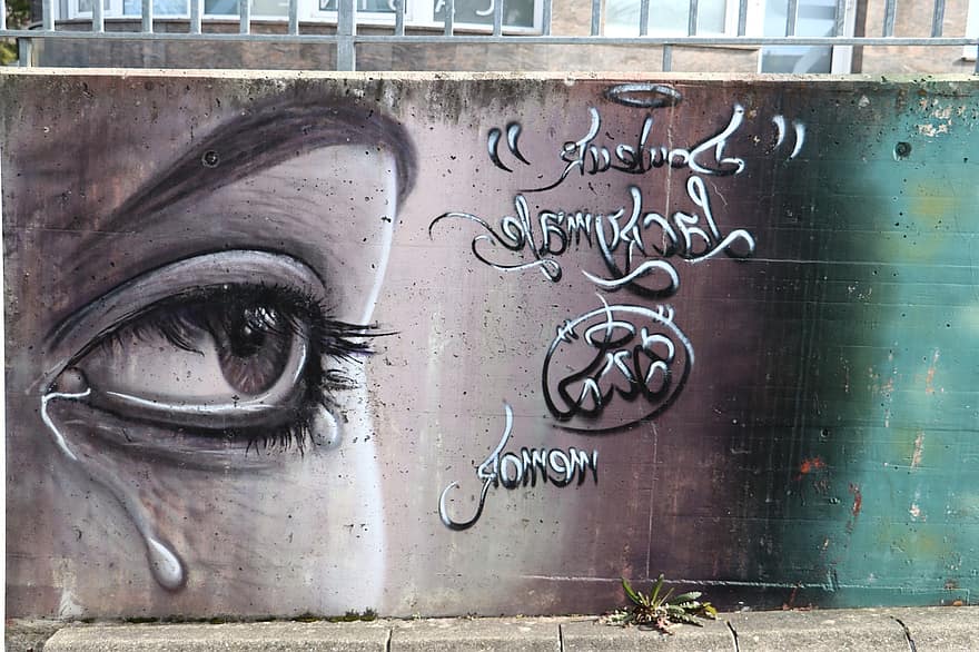 paret, llàgrima, graffiti, art, trist, depressió, llauna de polvorització, polvoritzador, art mural, art de carrer, urbà