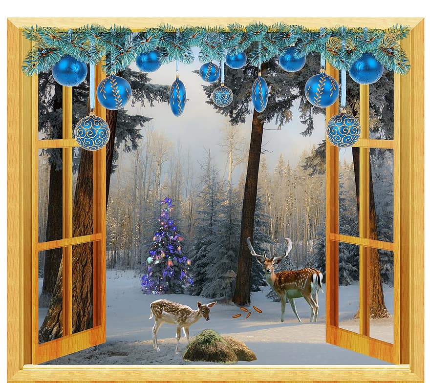 ikkuna, talvi-, joulu, metsäpeura, Hirsch, joulupallot, kylmä, lumi, talvinen, valkoinen, pallot