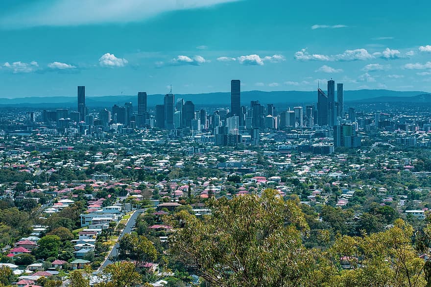 rakennukset, siluetti, kaupunki-, moderni, kaupunki, näkymä, Brisbane, Mount Gravatt Outlook Reserve, Queensland, Australia