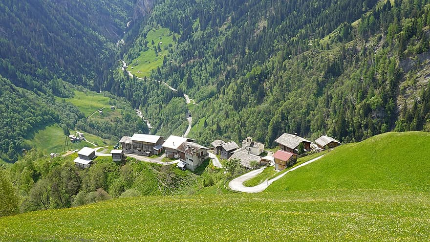 villaggio di montagna, Valle di Vals, montagna, prato, villaggio, natura, erba, paesaggio, scena rurale, estate, colore verde