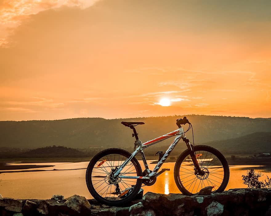 jízdní kolo, západ slunce, jezero, cyklistika, Příroda, krajina, soumrak