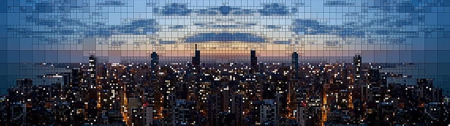 skyline, pixel, abstrakt, kveld, Abendstimmung, arkitektur, by, skyskraper, digitalt, silhouette, teknologi