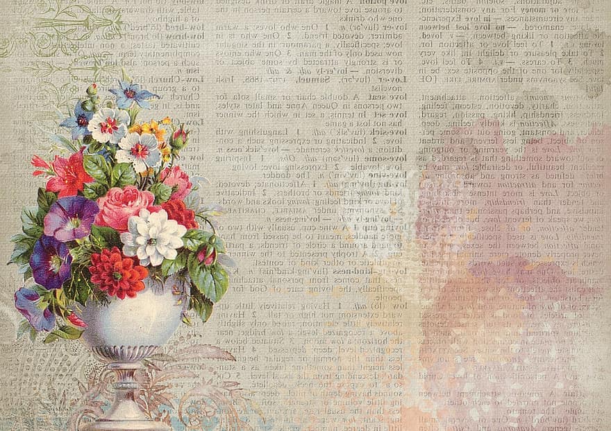 Background, Vintage, Bouquet, Pot, Vase, Flower, Pink, Romantic, Paper, Old, Antique