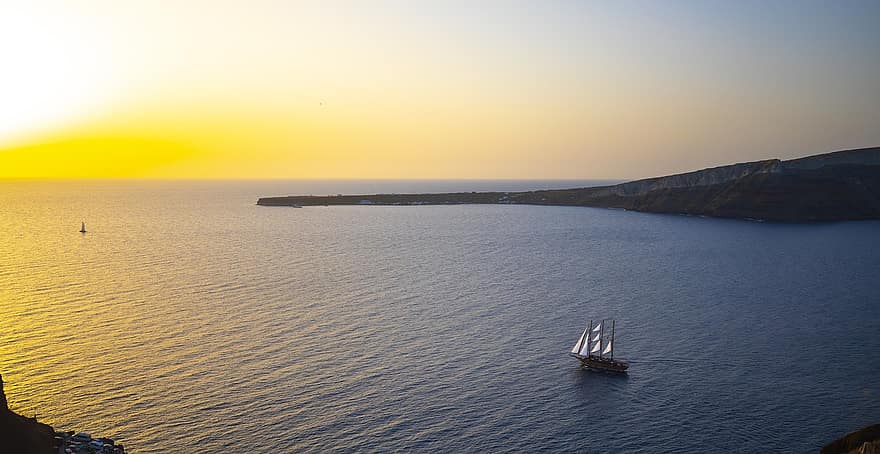 海、ボート、ギリシャ、サントリーニ、キクラデス、休日、太陽、夕暮れ、水、日没、夏