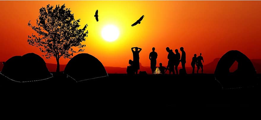 solnedgång, camping, tält, lägereld, äventyr, resa, vandring, natur, stjärnor, landskap, himmel