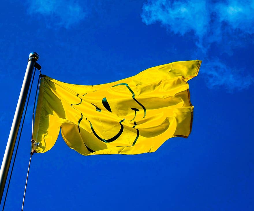 vlajka, šťastný, nebe, žlutá, modrý, mraky, Emoj, smajlík, usměj se, radost, vítr
