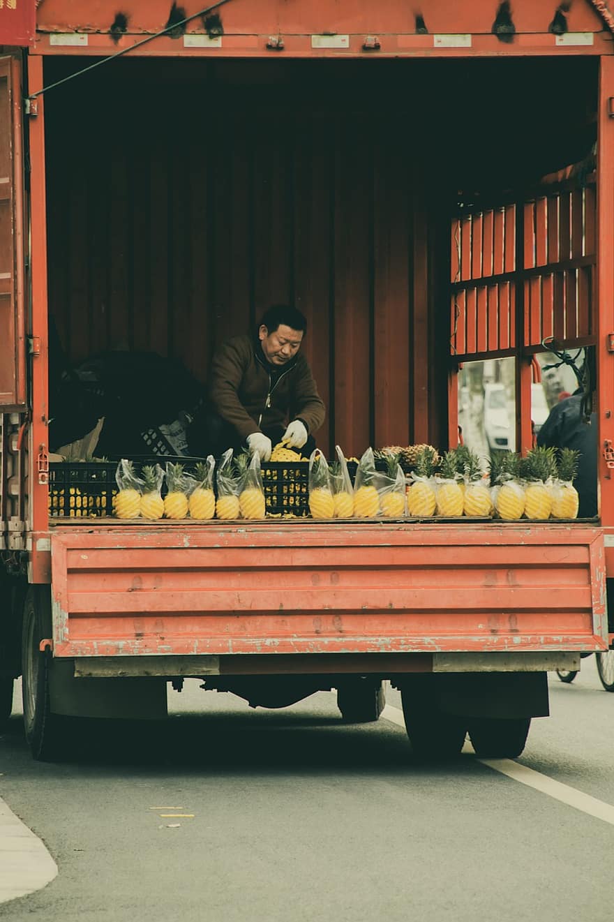camion, mercato, venditore, Nanjing, strada, settore automobilistico, frutta, ananas, vita, quotidiano, agricoltura