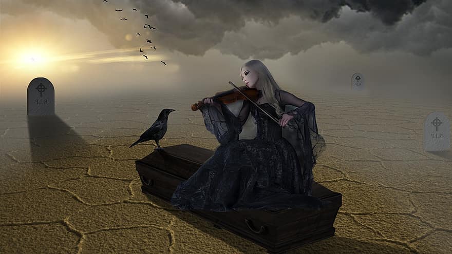 жена, фантазия, момиче, гробище, свири на цигулка
