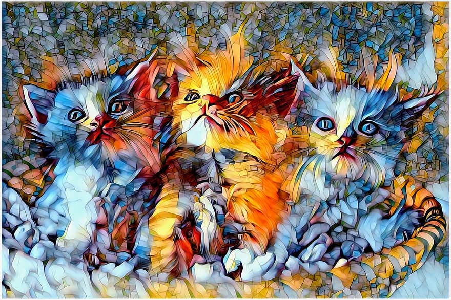 những con mèo, mèo con, con mèo, nghệ thuật, hiệu ứng, kính màu, Tranh sơn dầu, acrylic, để in, kỹ thuật số, trang trí