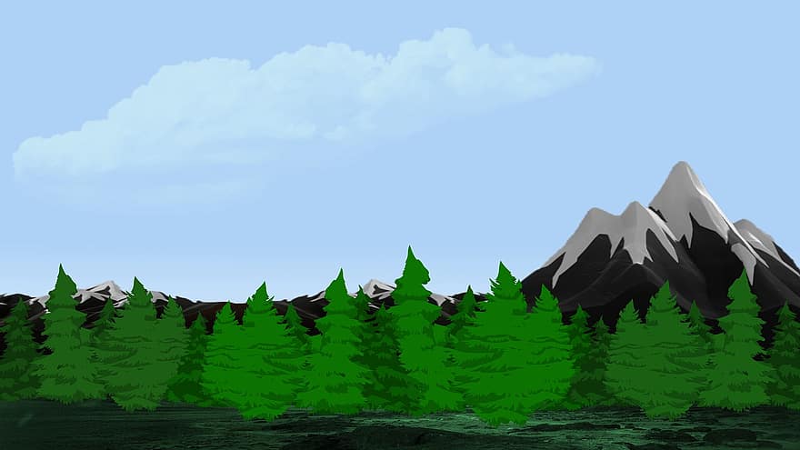 Nature, Drawing, Trees, Forest, Fir Trees, Background, Landscape, Mountains, Spruce, Spruce Forest, Green