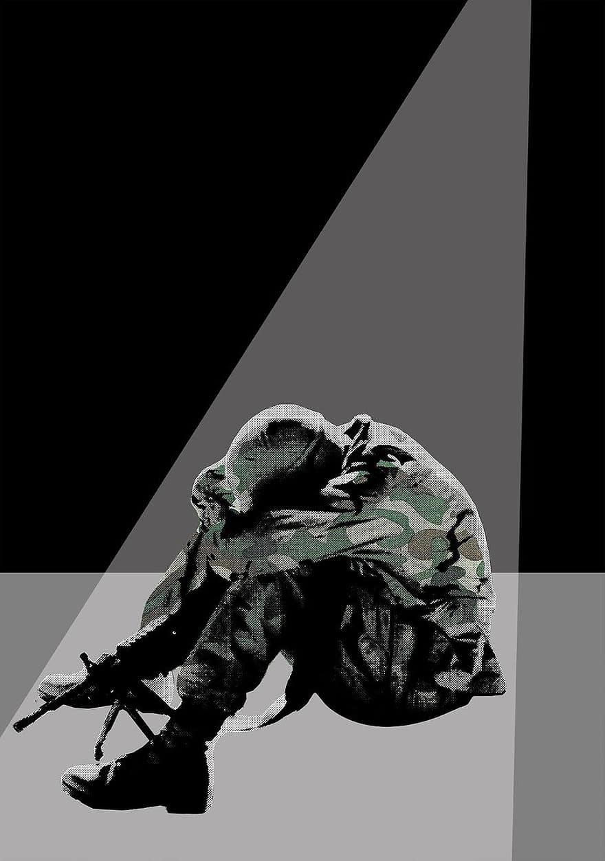 soldat, Post traumatisk stress syndrom, PTSD, camouflage, krig, militær, hær, silhuet, veteran, Spot-lys, mentalt helbred