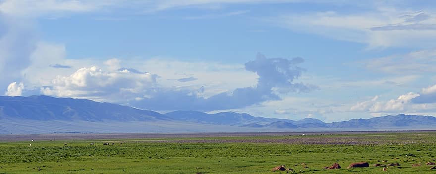 поле, планини, панорамен, планинска верига, планински, пейзаж, природа, небе, облаци, околност, Монголия