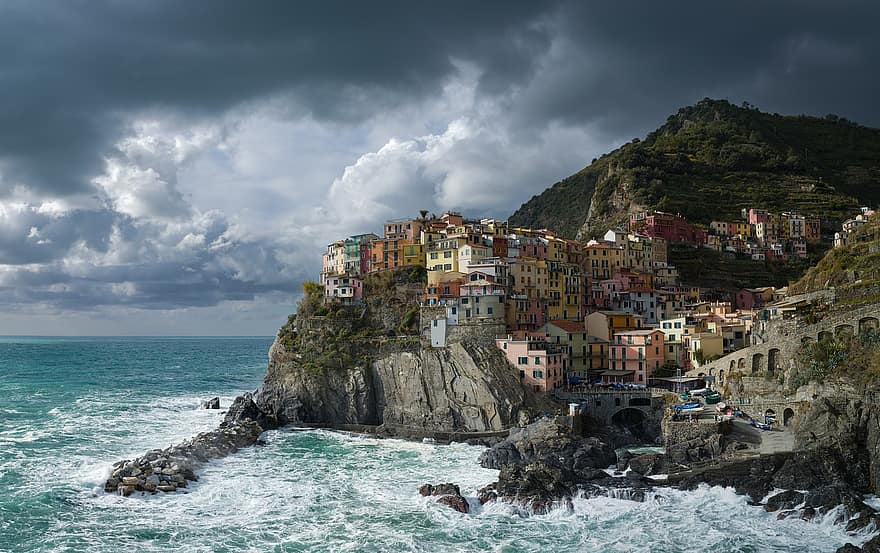 kyst, Italia, hav, by, reise, Cinqueterre, kystlinje, klippe, reisemål, ferier, vann