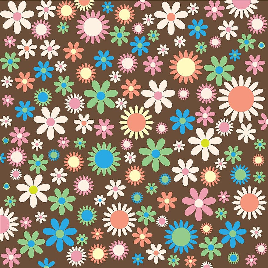 Floral, Flowers, Flowery, Retro, Funky, Wallpaper, Background, Colorful, Brown, Green, Blue