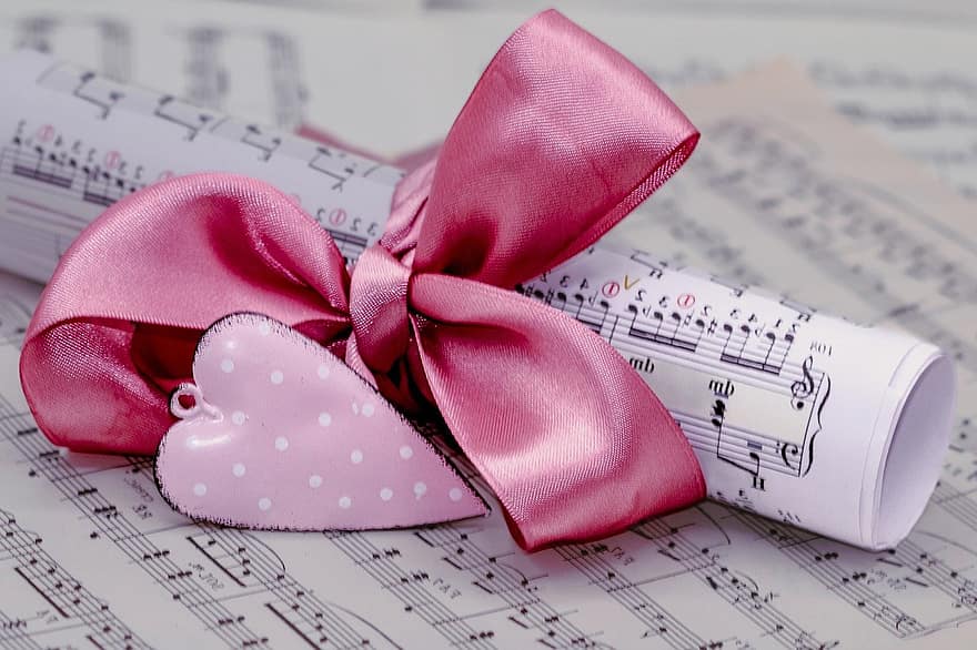 バレンタイン・デー、ピンクの弓、贈り物、プレゼント、楽譜、音楽、閉じる、お祝い、紙、愛、デコレーション