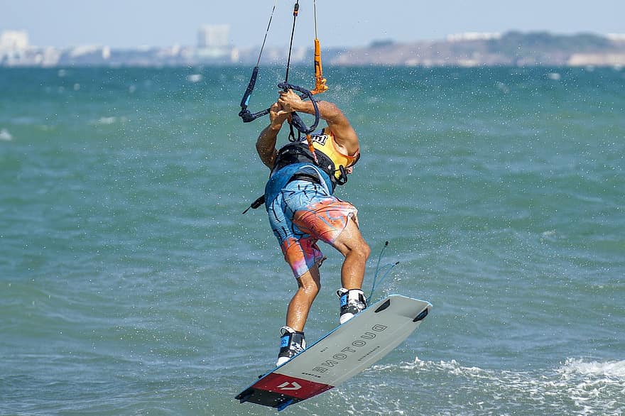 homem, borda, oceano, em forma, Esportes Aquáticos, kitesurf, pipa, embarque de kite, agua, surfar, mar