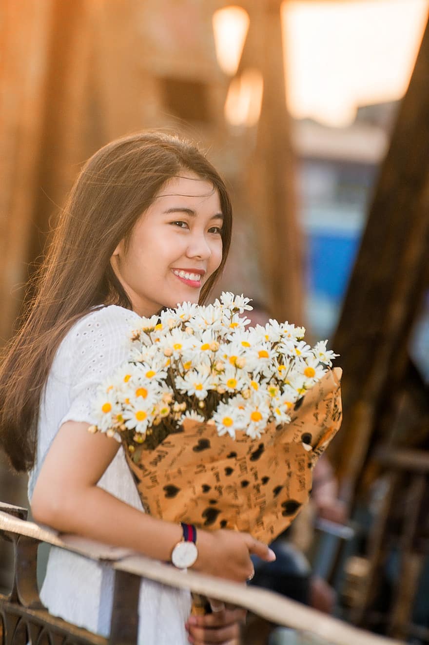 Woman, Young, Sunset, Flowers, Bouquet, Iron Bridge, Beautiful Woman, Hanoi Girl, Long Bien Bridge, Portrait, Girl Holding Flowers