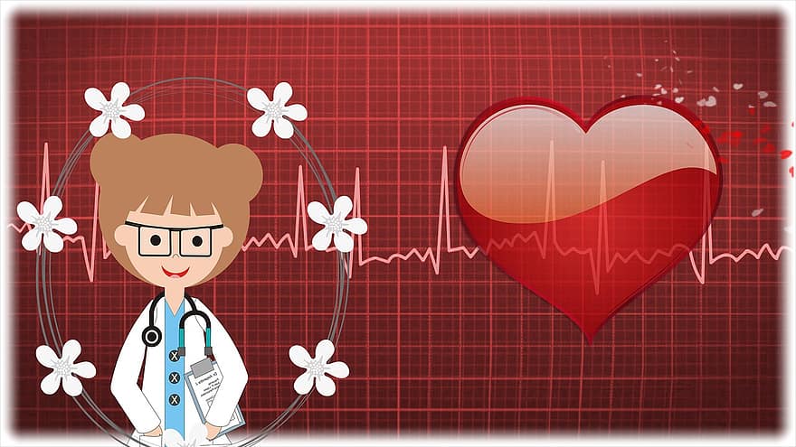 kardiolog, lekarz, lekarstwo, EKG, serce, egzamin, elektrokardiogram, wektor, ilustracja, kształt serca, miłość