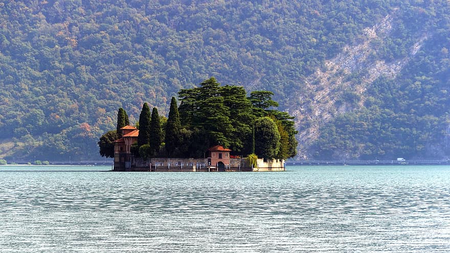 tó, Sziget a Tóban, sziget, sajáto tó, Di Iseo-tó, Olaszország, Lombardia, víz, tájkép, nyári, hegy