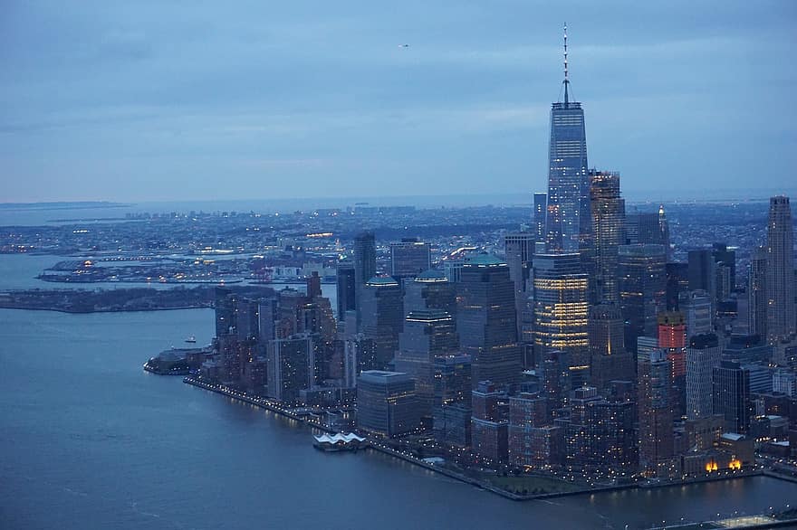 immeubles, grattes ciels, ville, architecture, port, Port, navires, New York, Etats-Unis, Manhattan