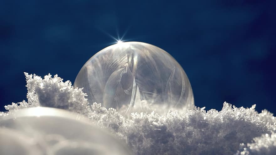 बुलबुला, जमे हुए, बर्फ, हिमपात, साबुन का बुलबुला, ठंढ, बर्फ के क्रिस्टल, क्षेत्र, सर्दी, रोशनी, सूरज की रोशनी