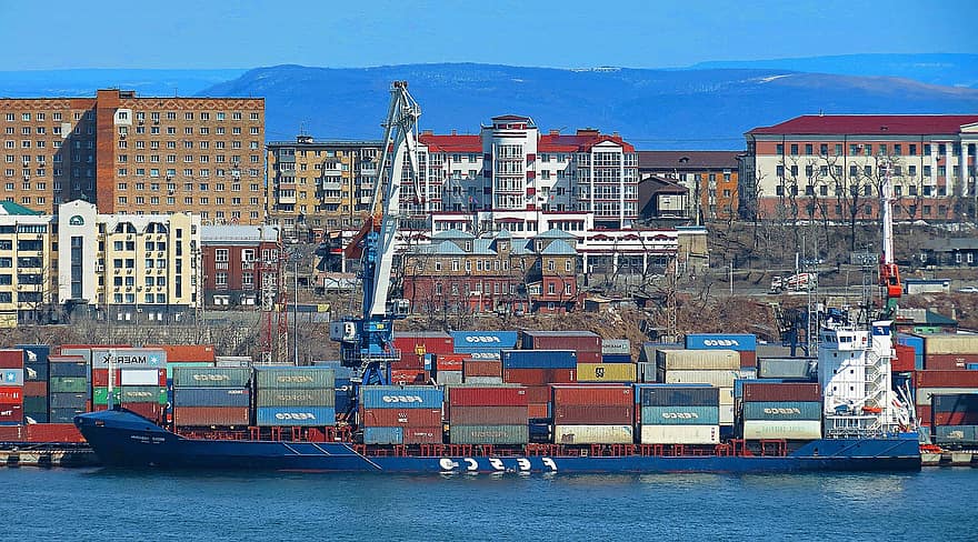 град, порт, контейнеровоз, архитектура, Владивосток, доставка, товарен контейнер, търговски док, транспорт, товарен транспорт, промишленост
