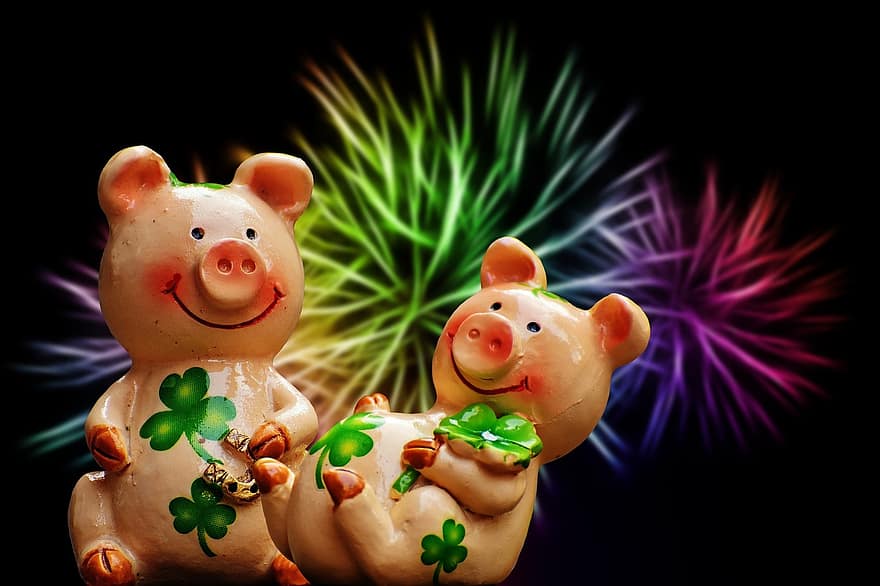 везение, поросенок, счастливая свинья, милый, талисман, свиноматка, Канун Нового года, день нового года, поздравительная открытка, милая, свиньи