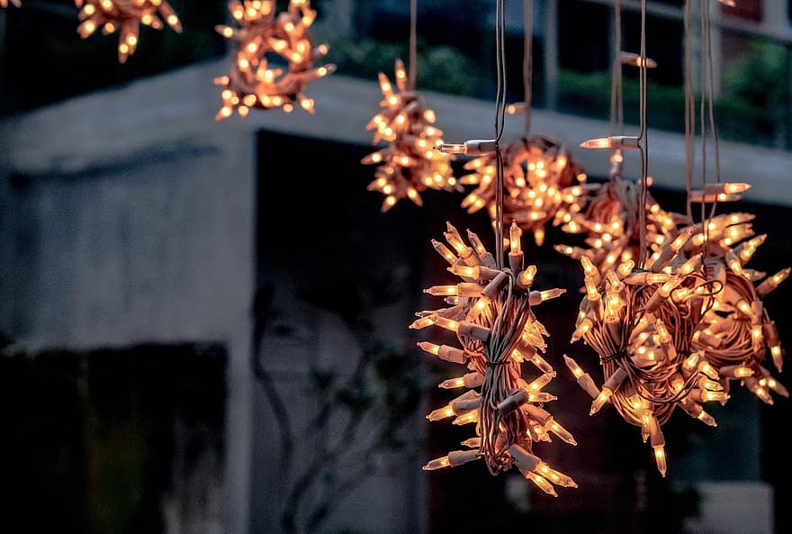 Lámpák, dekoráció, Karácsony, elektromosság, izzó, éjszaka, közelkép, világító berendezések, háttérrel, megvilágított, Tűz