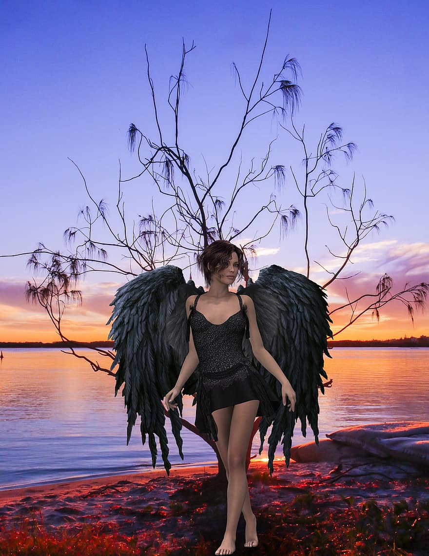 ангел, крила, озеро, дерево, фантазія