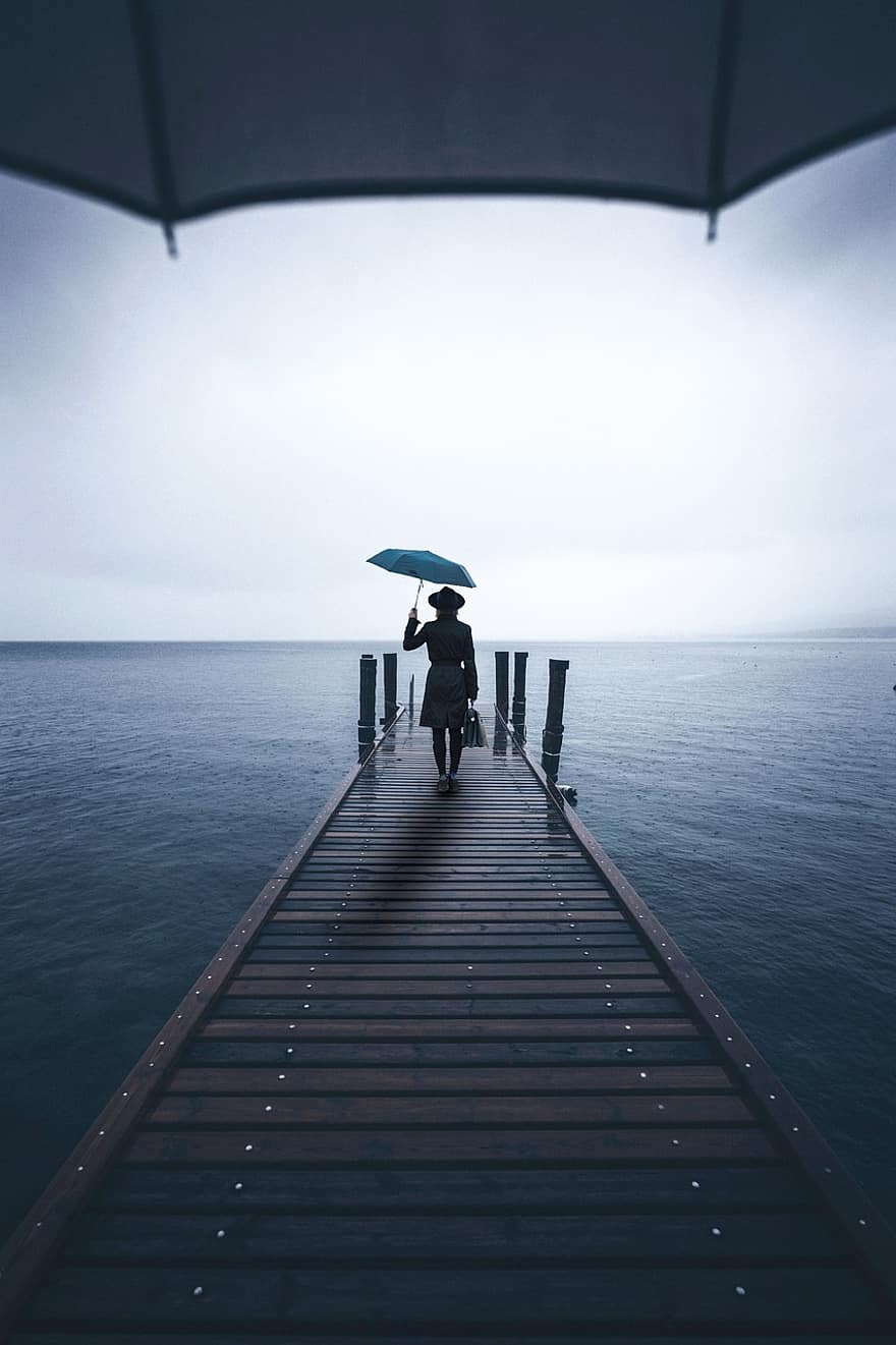 Woman, Umbrella, Rain, Pier, Sea, Ocean, Fog, Female, Beach, Outdoors, Nature