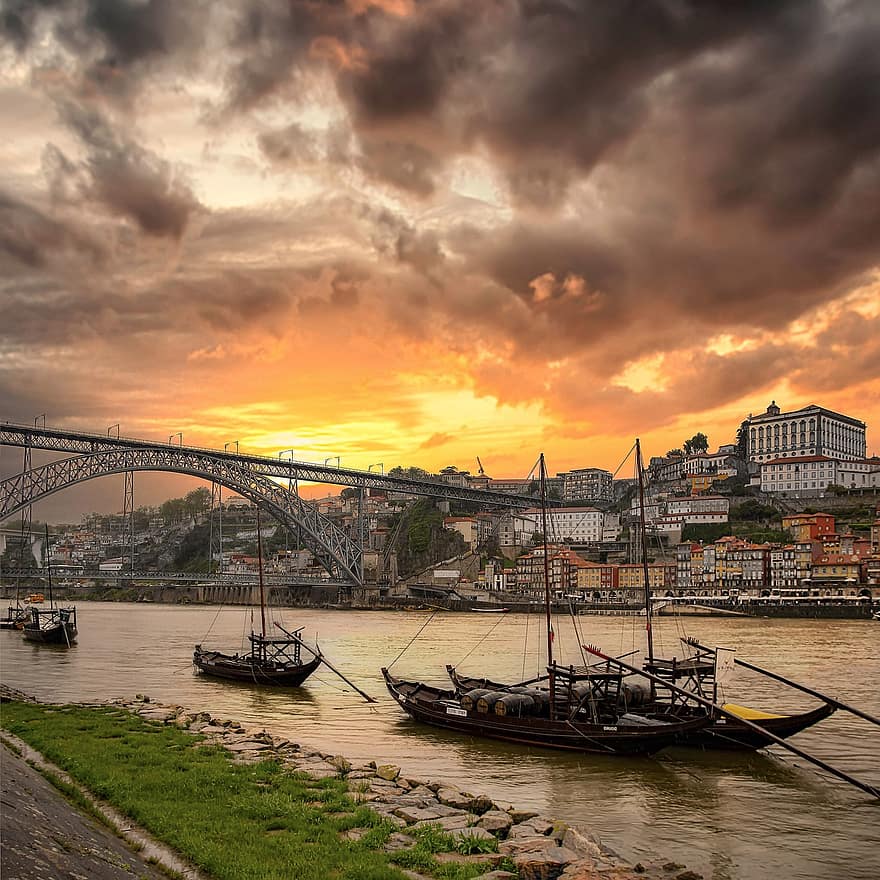 portugal, hamn, douro, byggnader, solnedgång, stad, flod, bro, himmel, resa, turism