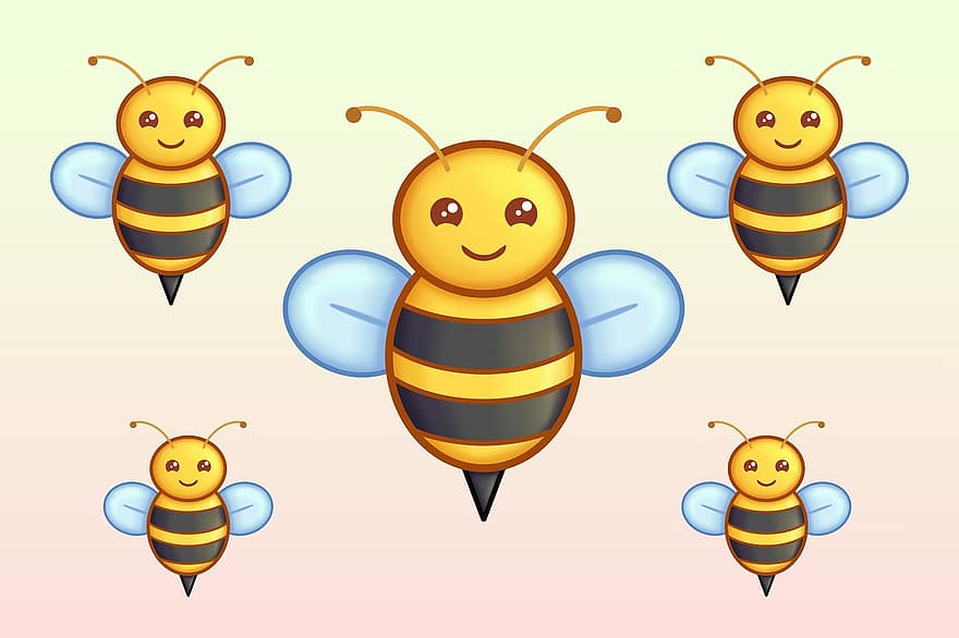 bijen, insecten, kawaii, een zwerm bijen, kleine bijen, vliegend, coulissen, gelukkig, glimlach, schattig, patroon