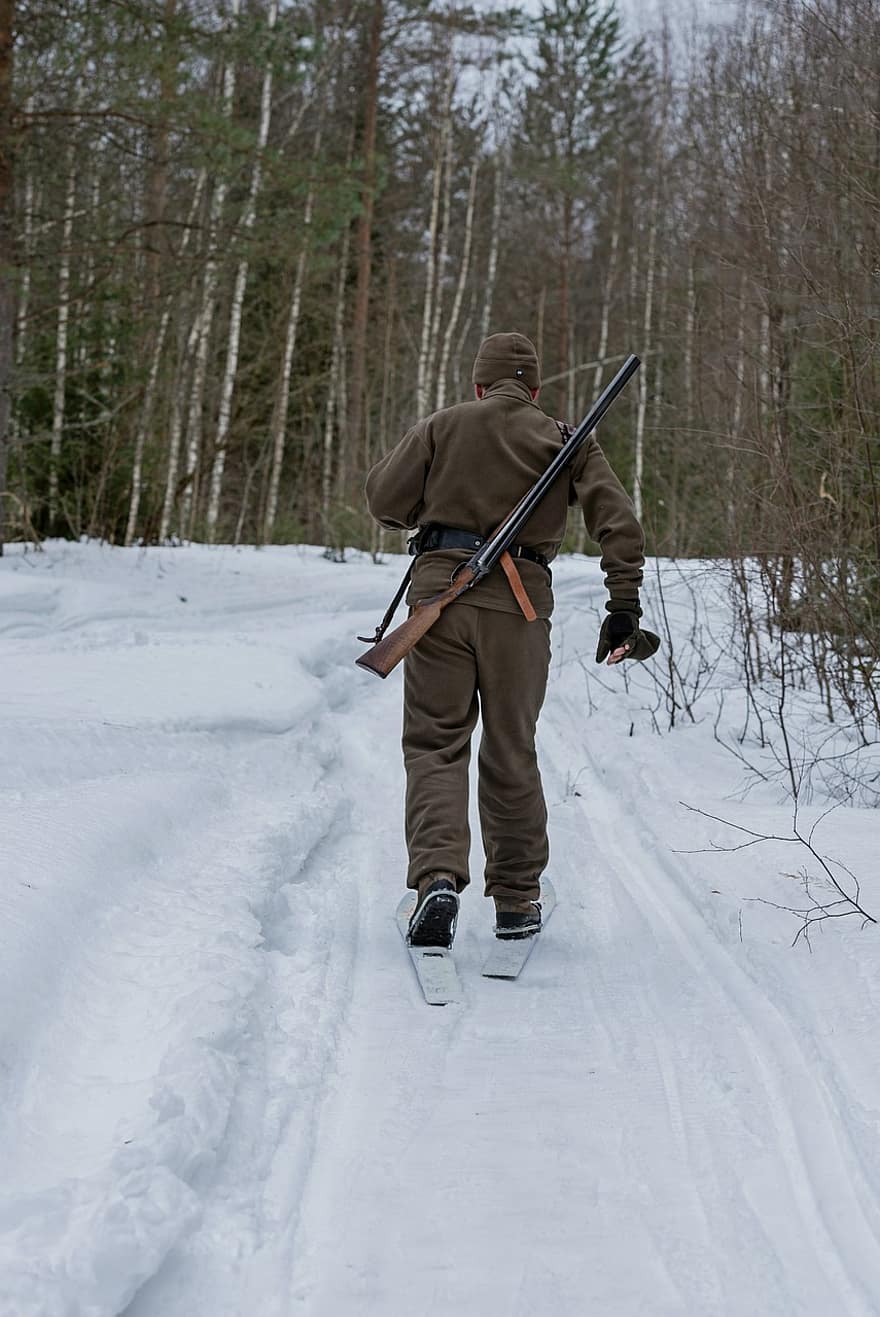 Man, Hunting, Hunter, Forest, Skiing, Security