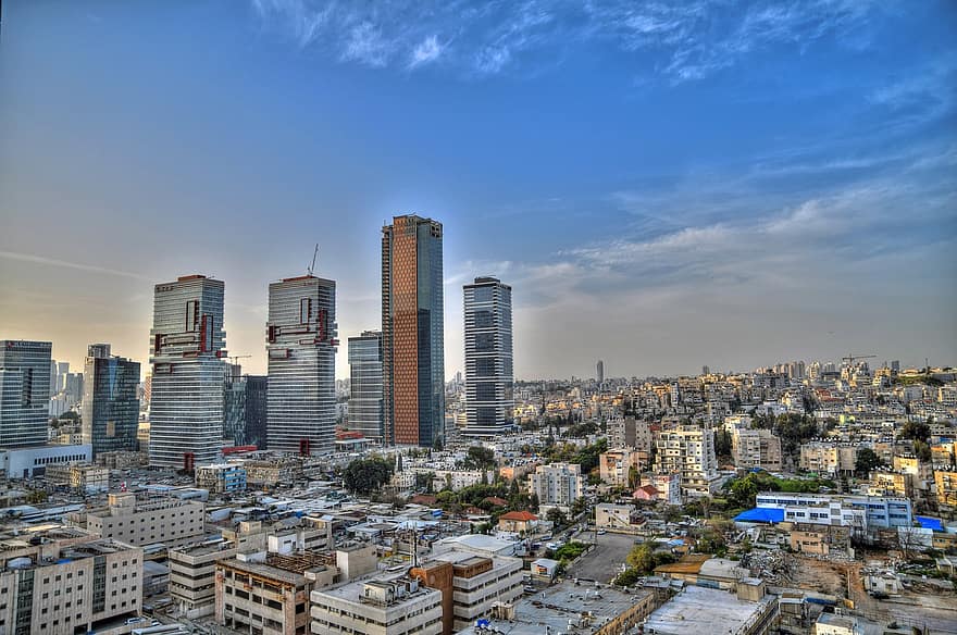고층 빌딩, 탑, 기술, 공장, 텔 아비브, 브레 이크 브레이크, Brak, Ramat Gan, 이스라엘, hdr, 공중선