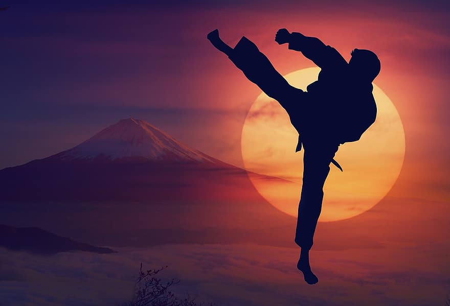 karate, sol, muntanya, posta de sol, lluita, esport, silueta, resistència, samurai, en forma, home