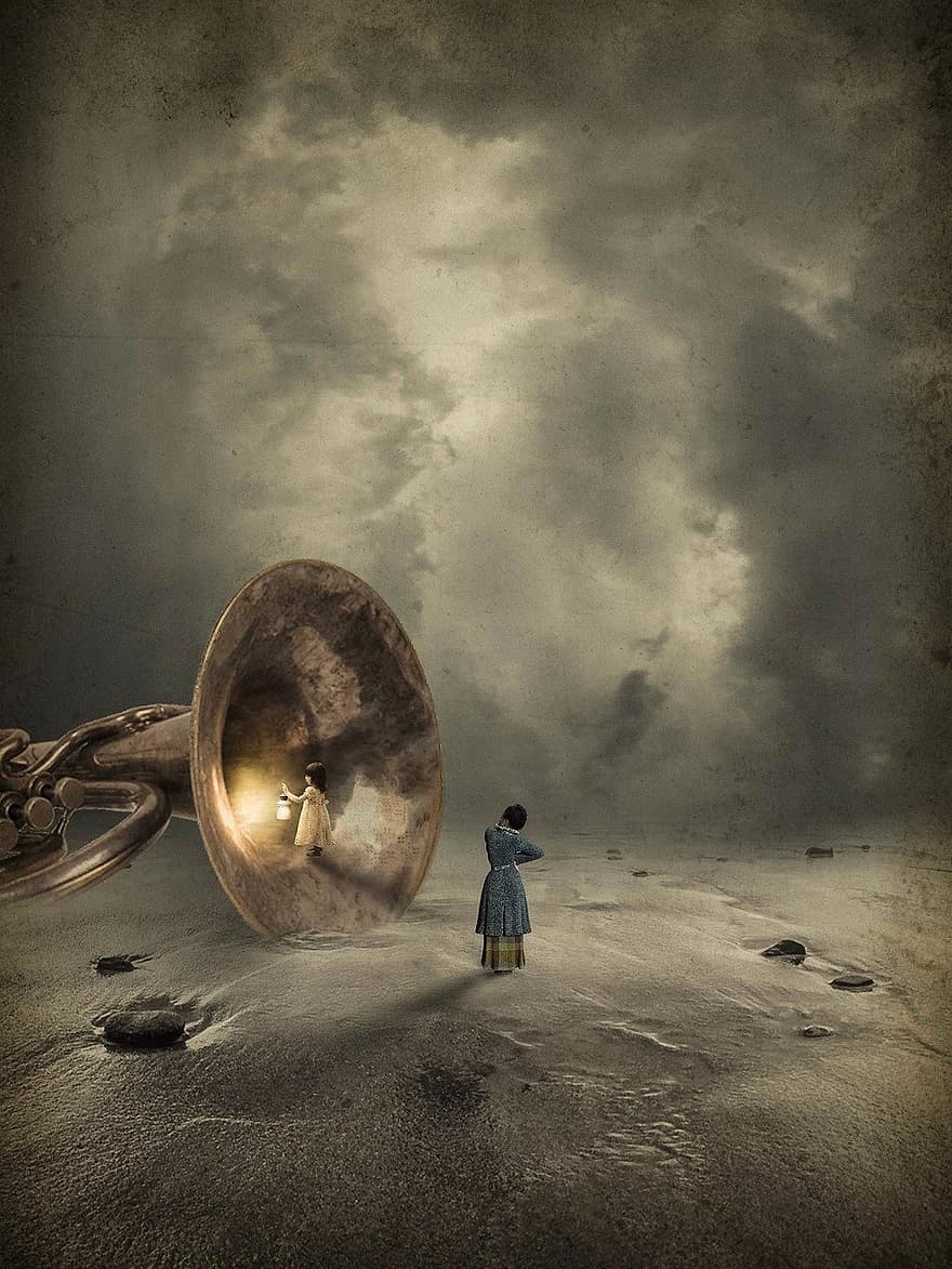 trompette, le sable, enfant, lumière, lanterne, femme, des nuages, océan, Contexte, Hommes, une personne