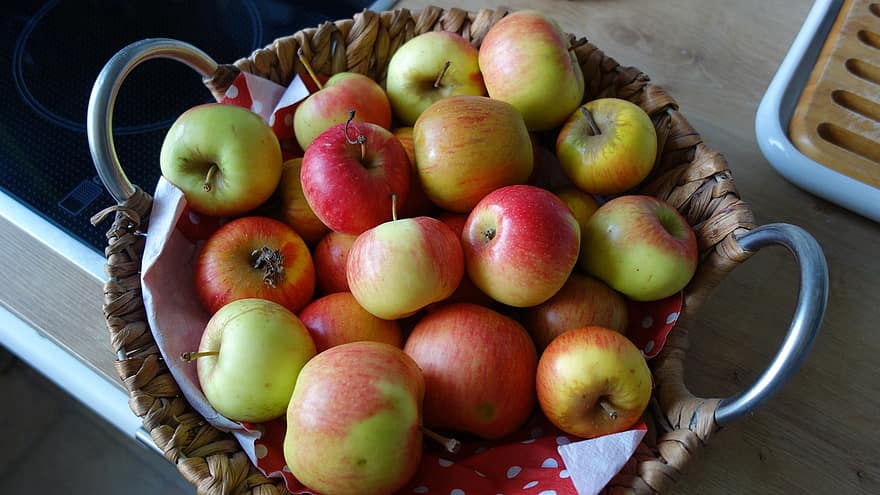 frukt, epler, organisk, kjøkken, mat, innhøsting, sesong, vitamin, eple, friskhet, kurv