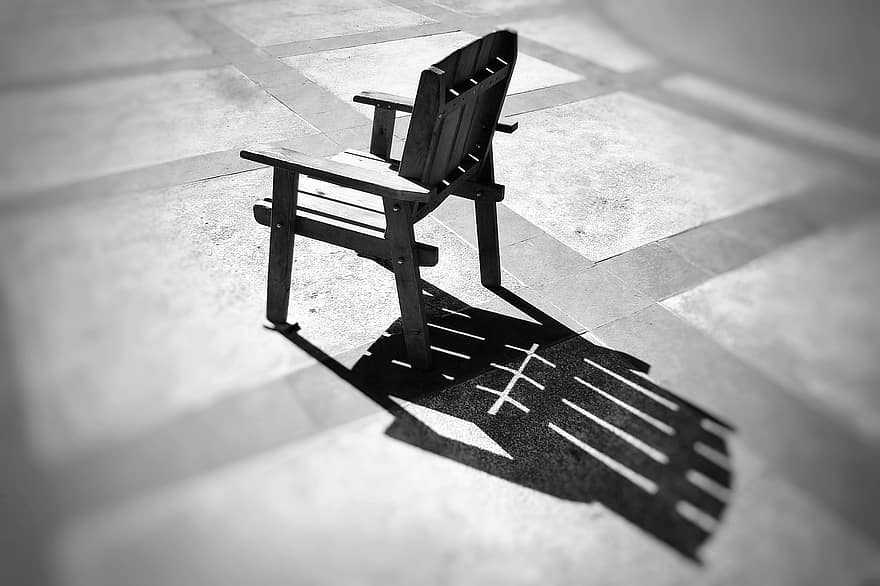 krzesło, siedzenie, samotny, cień, światło słoneczne, meble