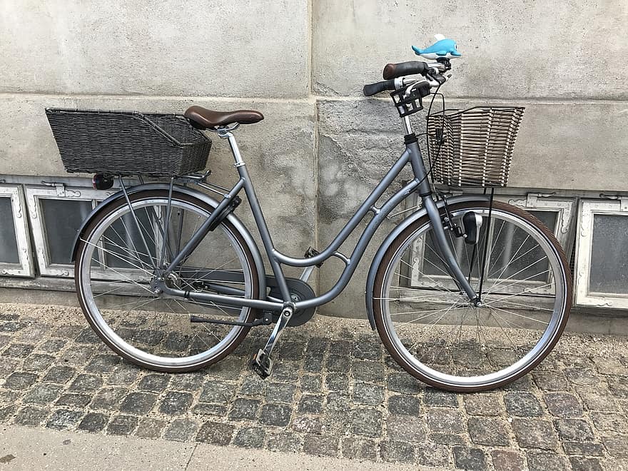 rue, vélo, pavés, rue pavée, bicyclette, véhicule, garé, panier, panier de vélo, vélo garé, Copenhague