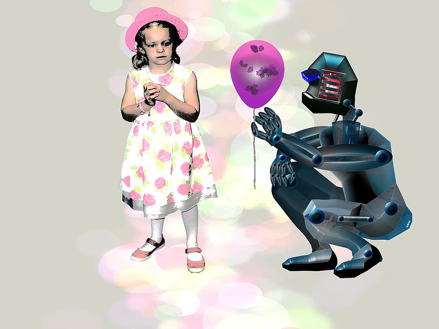 robot, máquina, inteligencia artificial, niña, humano, sensación, comunicación, regalo, adelante, imagen de fantasía