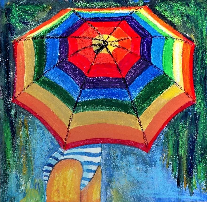 akrilo tapyba, spalvinga, drobė, skėtis, vasara, papludimys, klubai