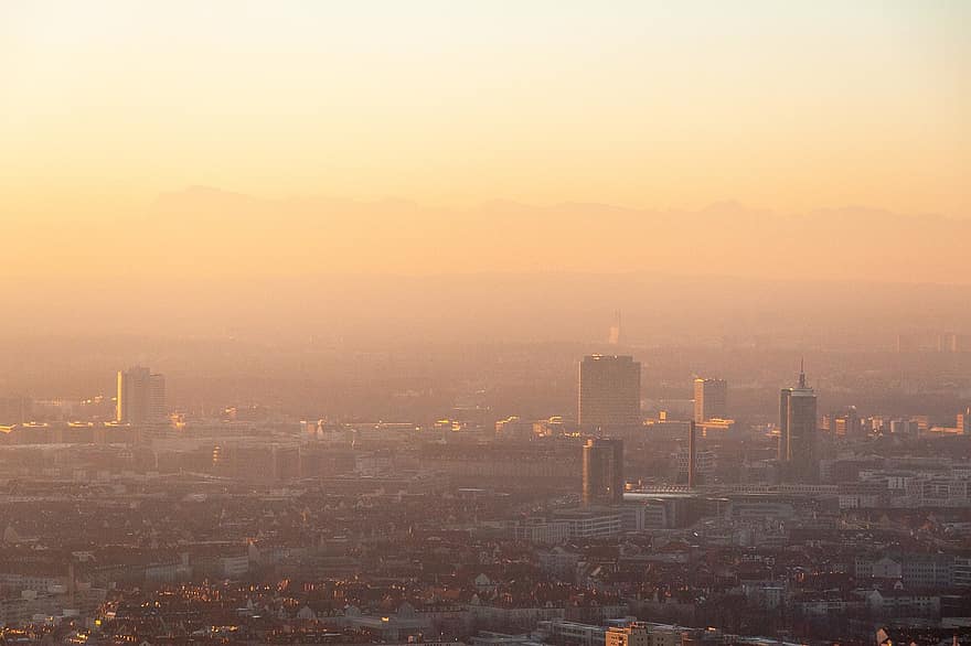 Мюнхен, Olympiaturm, залез, Германия, изглед от въздуха, градски пейзаж