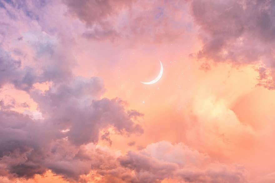 Luna, mezzaluna, cielo, nuvole, all'aperto, crepuscolo, nubi cumuliformi, spazio aereo, nuvole rosa, sognare, carta da parati hd