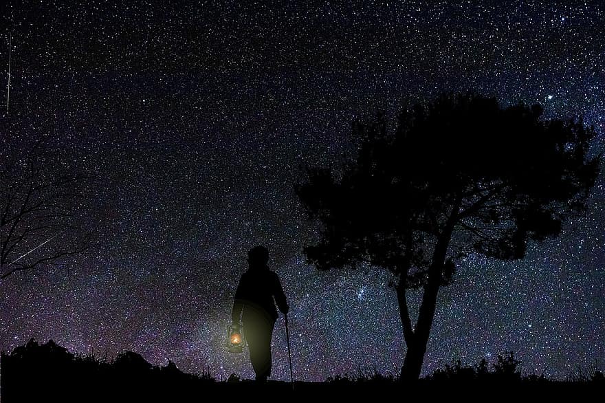 noche, constelación, cielo, espacio, estrellas, galaxia, astronomía, persona, lámpara