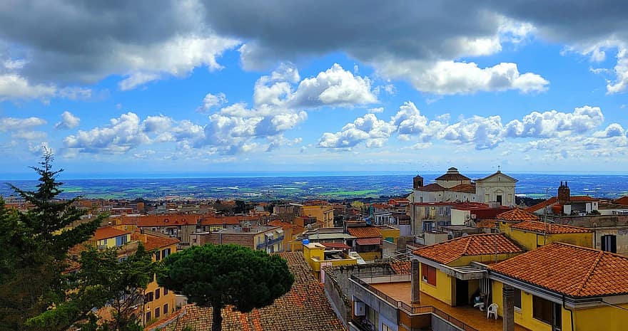 雲、空、ヨーロッパ、風景、見る、パノラマ、イタリア、ローマ、城、ローマ人、ジェンツァーノ