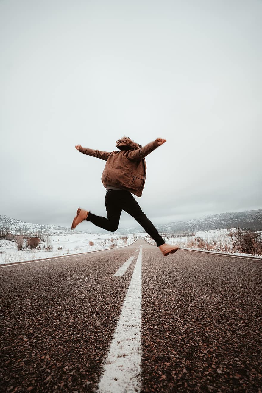 Person, Jump, Road, Street, Snow, Cold, Winter, Jumping, Action, Movement, Winter Clothes