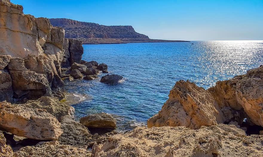 steenformaties, kust, rotsachtige kust, zee, oceaan, zeegezicht, horizon, Kustlijn, Cyprus, Cavo Greko, natuur